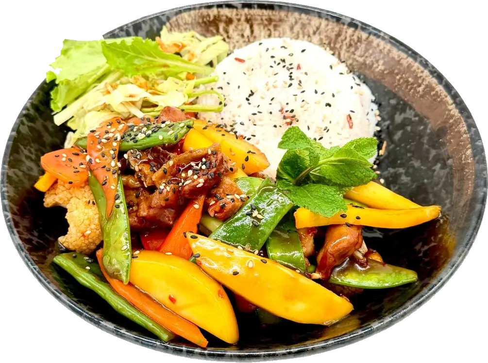 Mango Süß-Sauer mit Gemüse und Reis